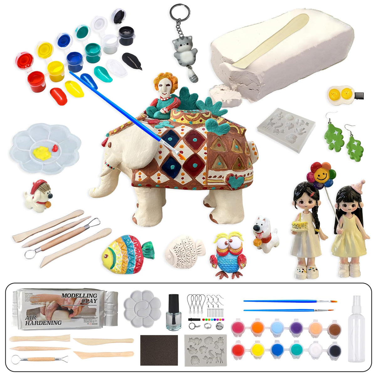 GOVOY Air Dry Clay Pottery Kit DIY Clay Kit for Beginners Handmade Pottery at Home with 12pcs of Paints Wooden Sculpting Tools Animal Mold Kids Adults Arts and Crafts Set