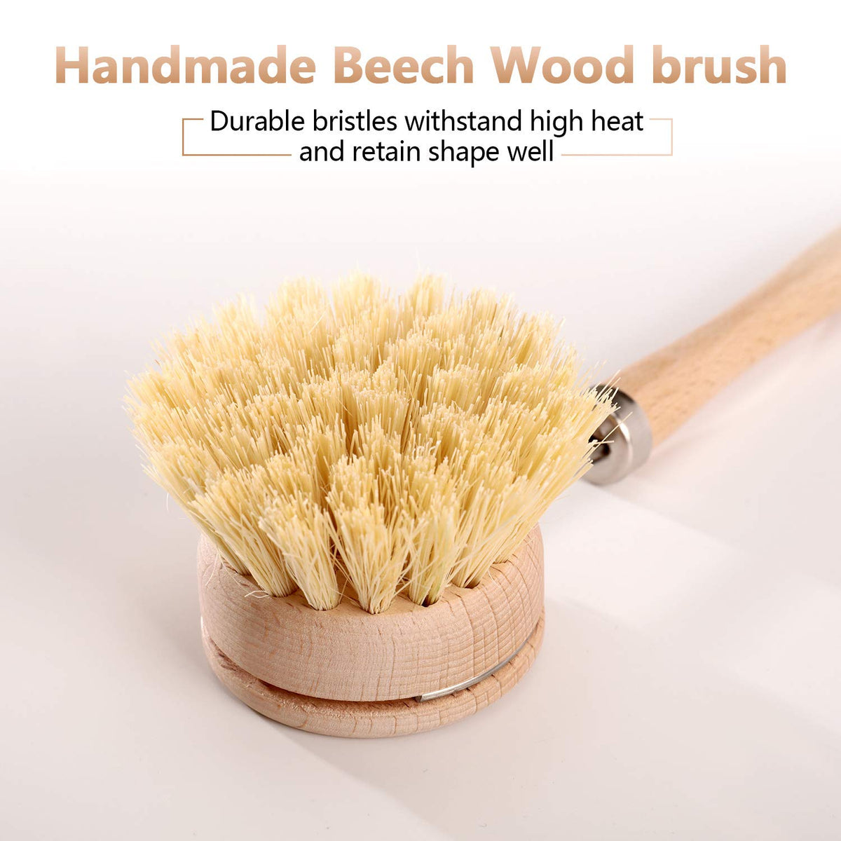 Boao Dish Brush with Beechwood Handle with 2 Replacement Heads Natural Wood Dish Scrub Brush for Washing and Cleaning Pots and Pans