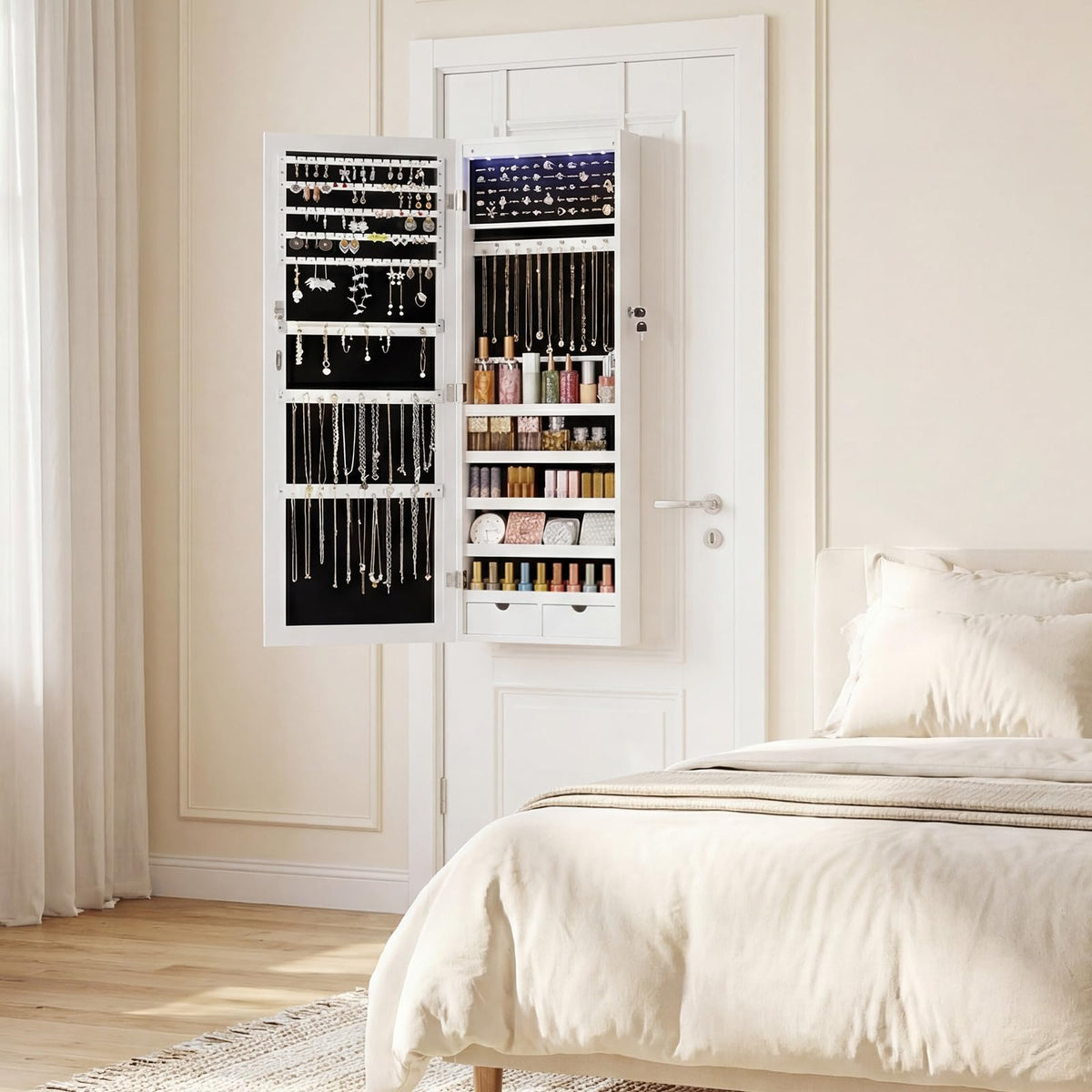 DUMOS 6 LEDs Mirror Jewelry Cabinet, Wall or Door Mounted Jewelry Organizer, 47.2-Inch Tall Lockable Large Capacity Cosmetic Storage, Gift Idea, White