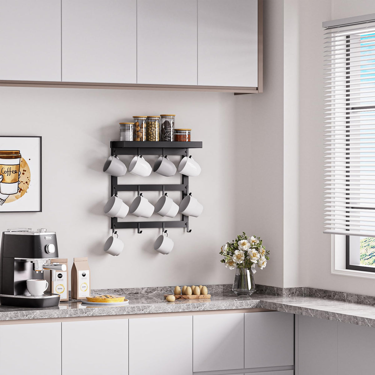 SZUGCOTD Coffee Mug Rack Wall Mounted, Rustic Metal Mug Holder Organizer with 12 Hooks and Top Shelf Cup Storage Rack for Home Kitchen Coffee Bar Station Mug Display and Collection