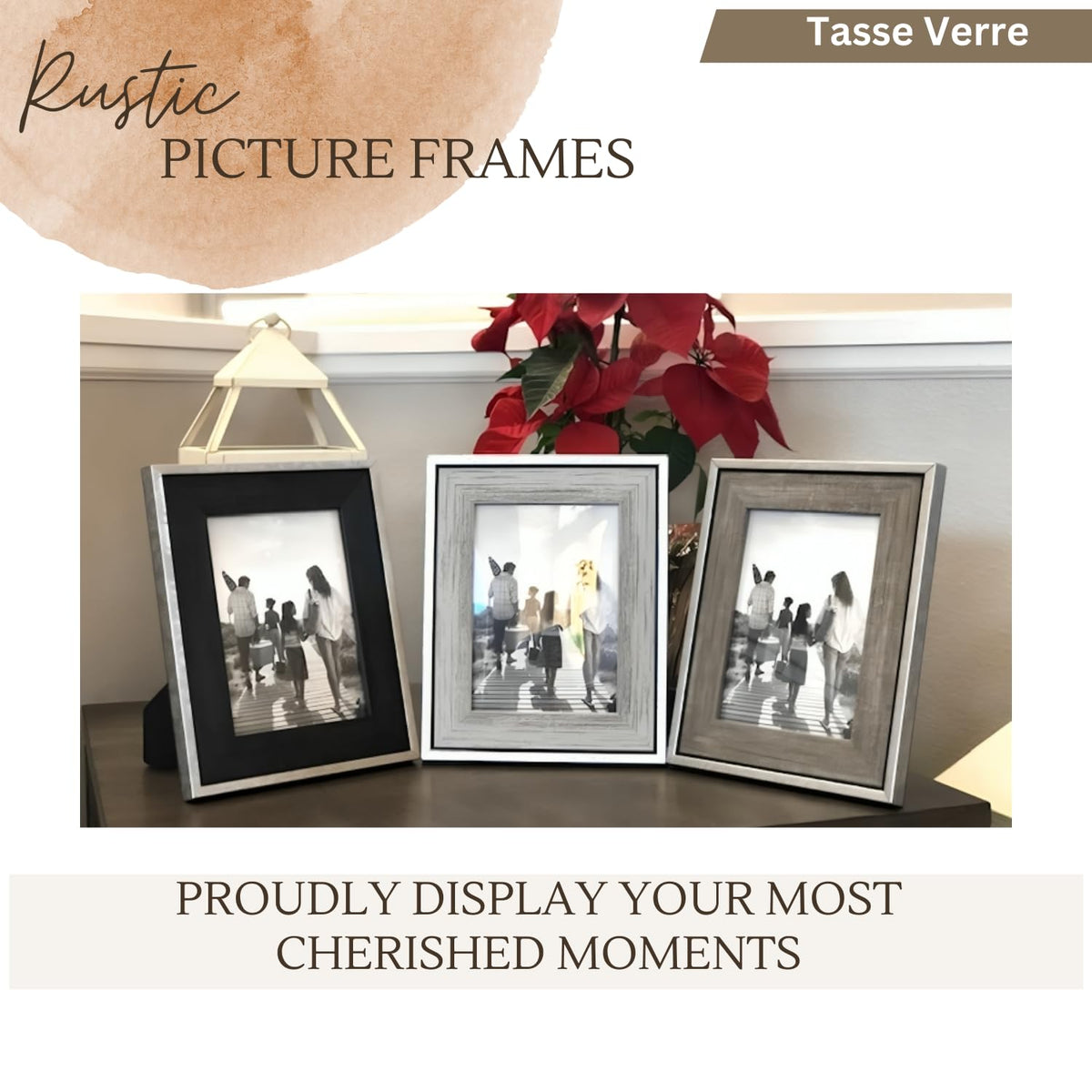 Tasse Verre 5x7 Rustic Picture Frames 3-Pack, Distressed Farmhouse-Style Table Frame, Brushed Industrial Silver Metal Look Frame with Wood Looking Insert, Ready-to-Hang Hooks.