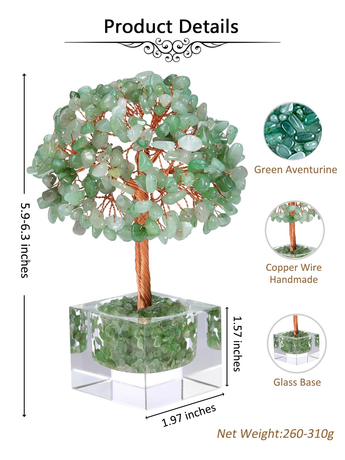 Jovivi Large Crystal Tree with Square Glass Base, Green Aventurine Healing Crystals Tree Life Natural Chipped Gemstone Money Trees Feng Shui Good Luck Positive Energy Home Desk Decor