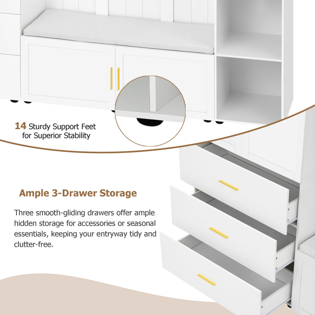 Amposei 94.49’’W Extra Large Hall Tree Cabinet with 6 Doors & 3 Drawers, Tall Entryway Organizer Shoe Storage Bench with 4 Coat Hooks & 6 Open Cubbies for Hallway Mudroom Living Room, White