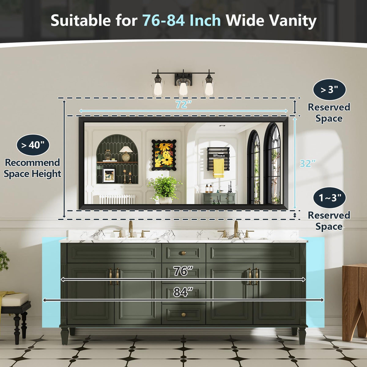 AWANDEE 72x32 Inch Black Bathroom Mirror for Wall, Beveled Framed Rectangle Bathroom Vanity Mirrors for Over Sink, Bedroom, Living Room, Entryway, Anti-Rust, HD Tempered Glass, Horizontally/Vertically