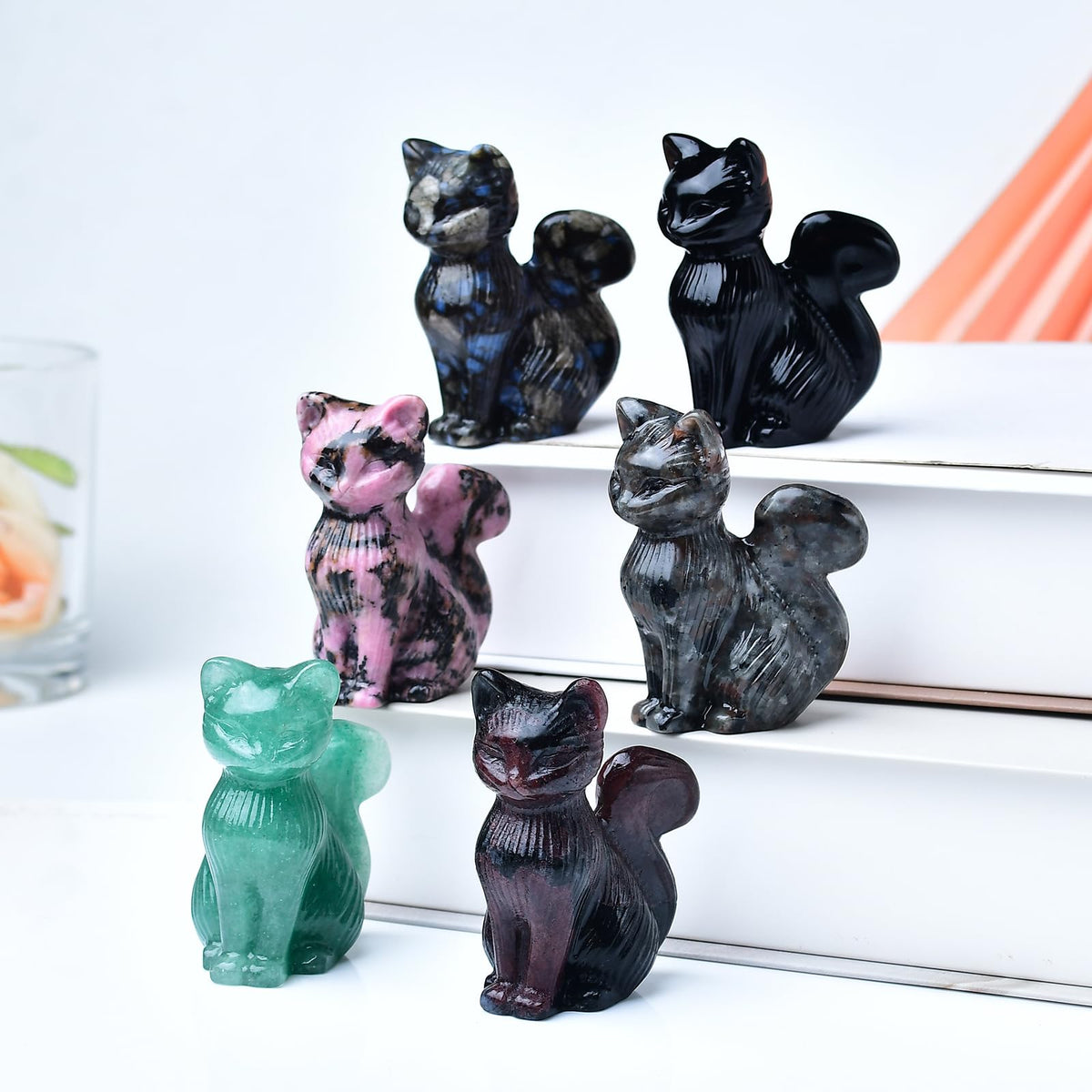 WUYOUSHI Natural Rhodonite Crystal Cat Statue 2.4 Inch - Handmade Healing Sculpture, Lucky Guardian Pocket Statue for Reiki Meditation, Office & Home Decoration Gift
