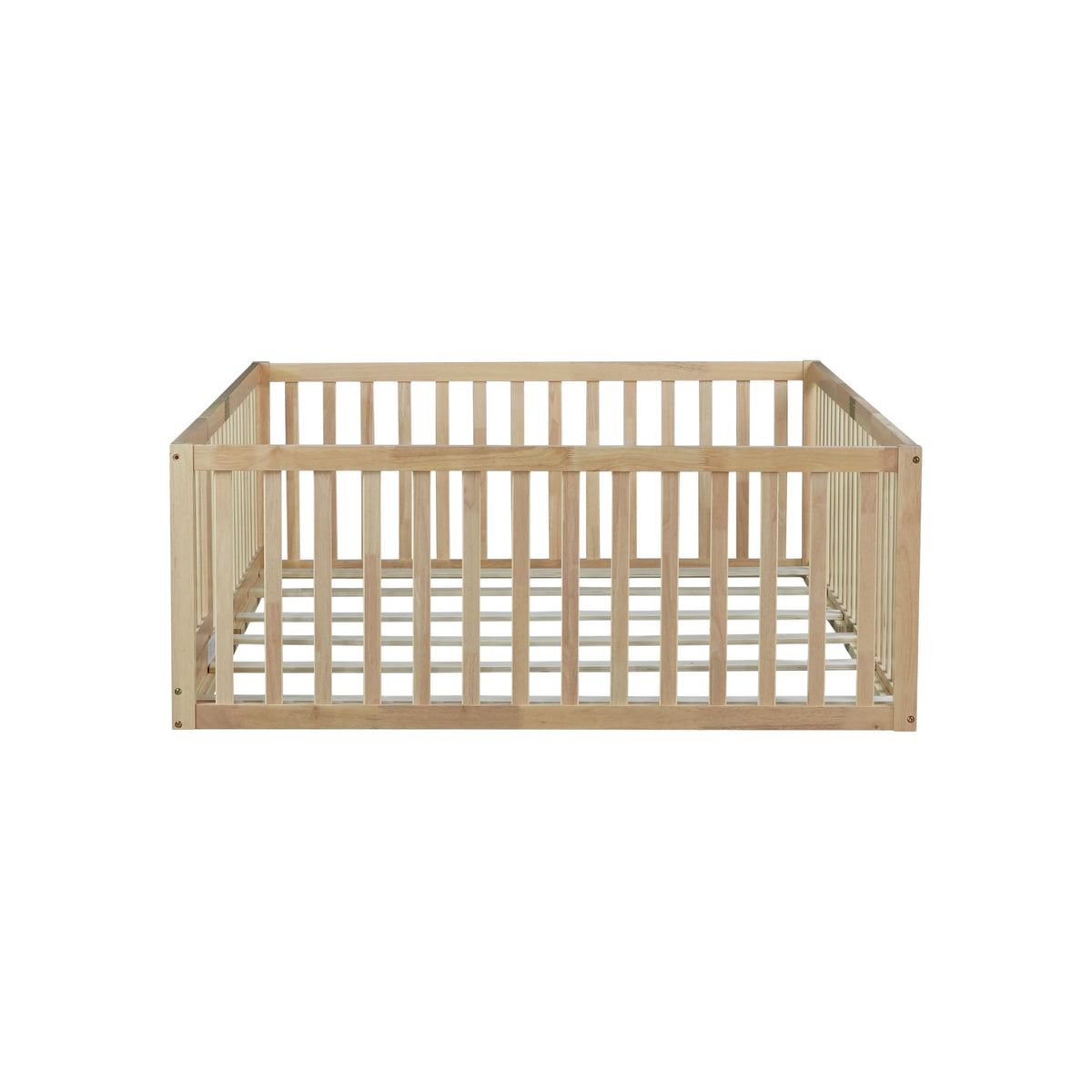KEIKI Montessori Full Floor Bed with 21.5" High Fence, Revolving Door & 6 Slats, Rubber Wood Floor Bed Frame for Kids, Easy Assembly, Natural