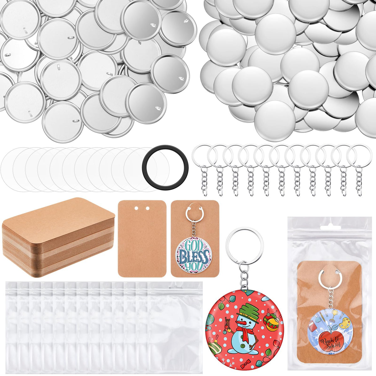 Tondiamo 100 Sets 58 Mm/ 2.25 Inch Button Maker Keychains Supplies Metal Button Badge Sets Including Metal Shell, Plastic Film, Backing Parts, Bags, Cards for Maker Machine DIY Christmas Gifts