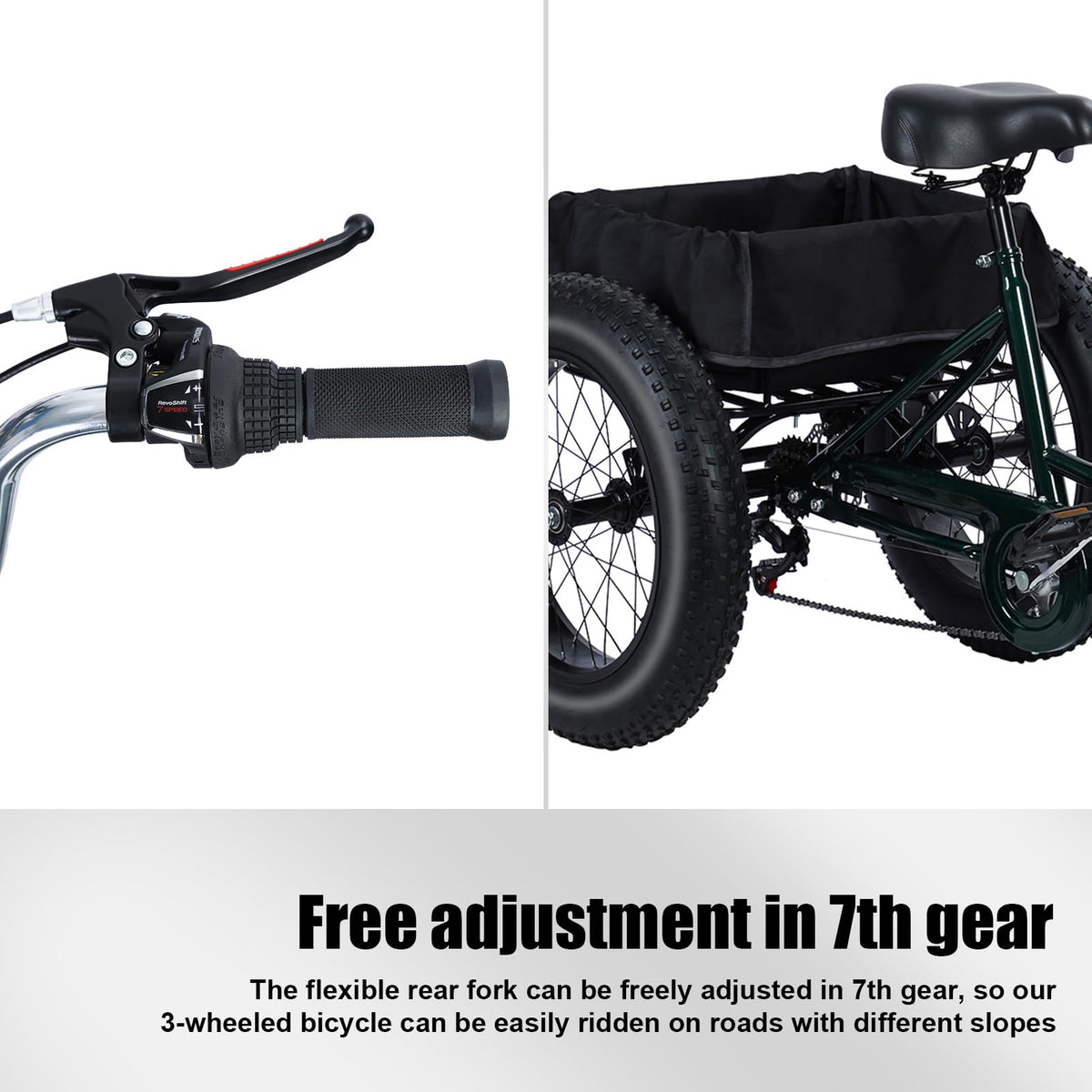 Yirtree 20 Inch Fat Tire Adult Tricycle, 7-Speed Drift Trike with Dual Disc Brakes, Snow Tires, and Spacious Basket, 3-Wheel Bike for Seniors and All Roads Riding Snow Tire