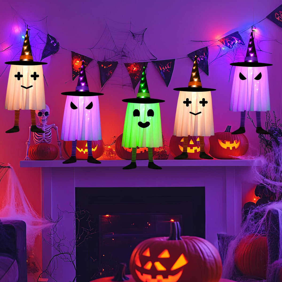 3 Pack Halloween Hanging Ghosts Halloween Decorations Outdoor, Lighted Glowing Ghosts Witch Hat with Orange Purple Green Lights, Light up Ghost for Home Yard Patio Tree