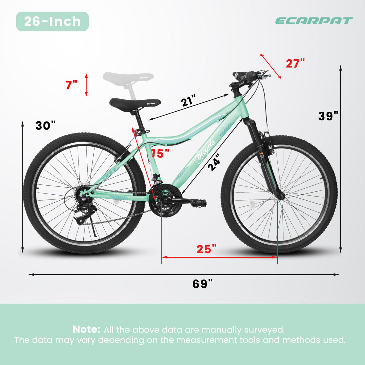 HIWORK Mountain Bike 26 Inch, High Density Carbon Steel Frame Girls Bike with 21-Speed Front Suspension Dual V-Brakes, Bike for Teenagers Girls Womens Bicycle | Light Green