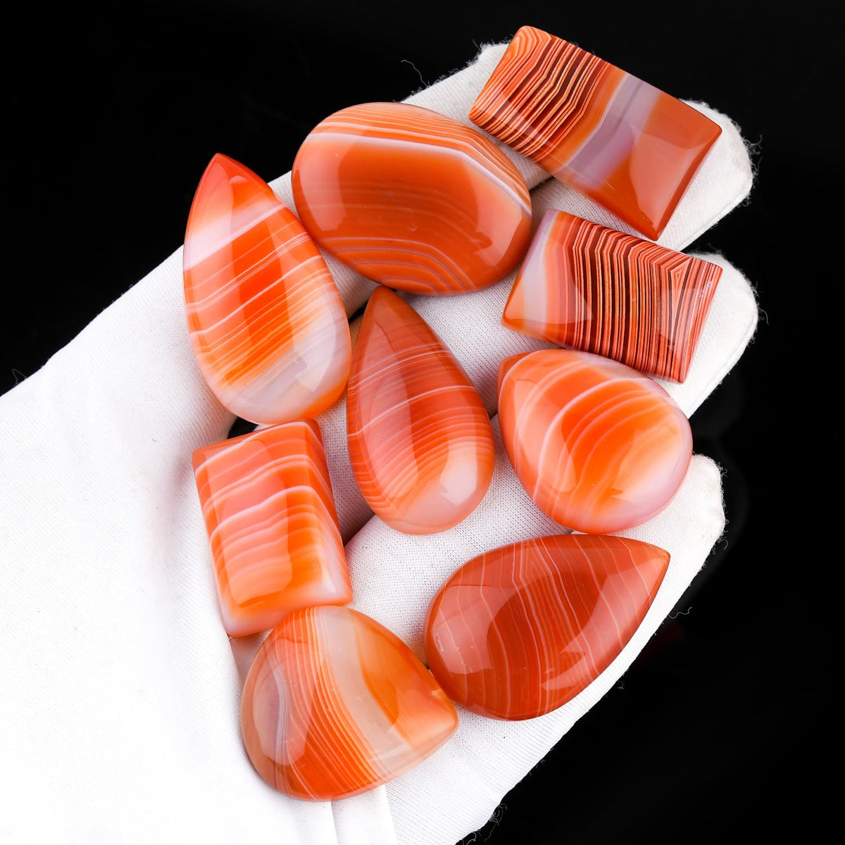 GemSymphony 100 Carat Natural Orange Banded Onyx Gemstone Cabochon Lot Mixed Shapes – 5 pcs Hand Polished Crystal Stones for Jewelry Making Supply, Healing, Reiki, Craft Supplies, Unique Cab Set for Wire Wrapping & Collectors (10-20 mm)