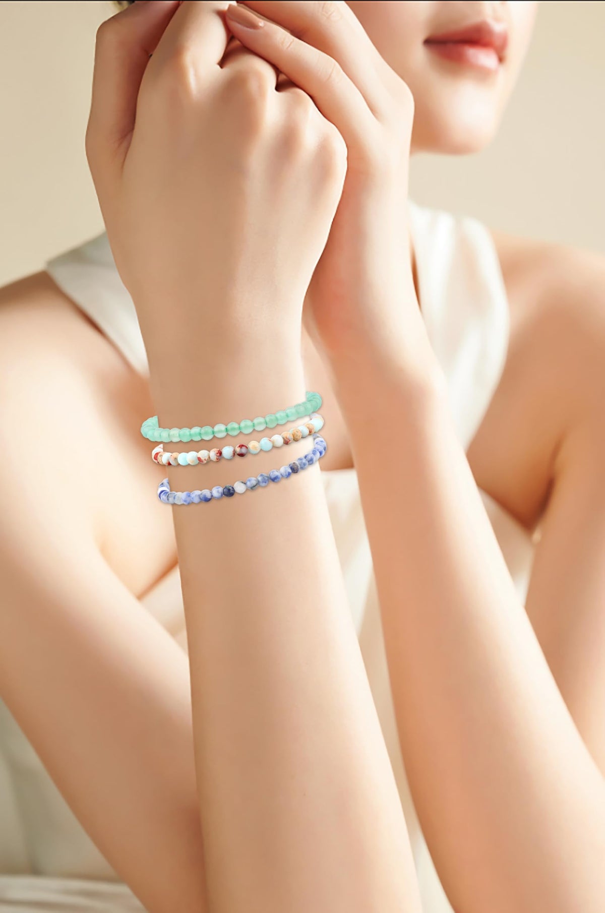 CMBYN 3-Pieces 4mm Natural Crystal Gemstone – Agalmatolite Jasper, Blue Spot, Green Aventurine Handmade Reiki Energy Healing Stretch Bracelets Jewelry for Yoga, Meditation, Unisex
