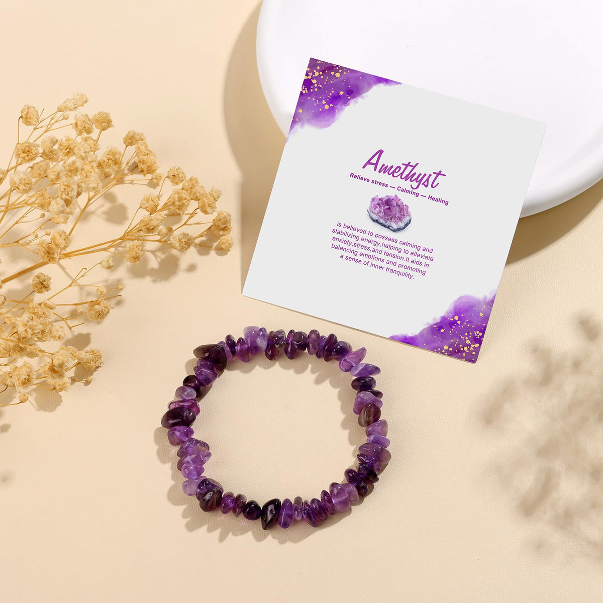 GolbalJew Natural Gemstone Beads Bracelets Healing Crystal Stone Beaded Bracelet for Women Men Handmade Spiritual Jewelry Gifts, 5-8mm Amethyst Chips Beads
