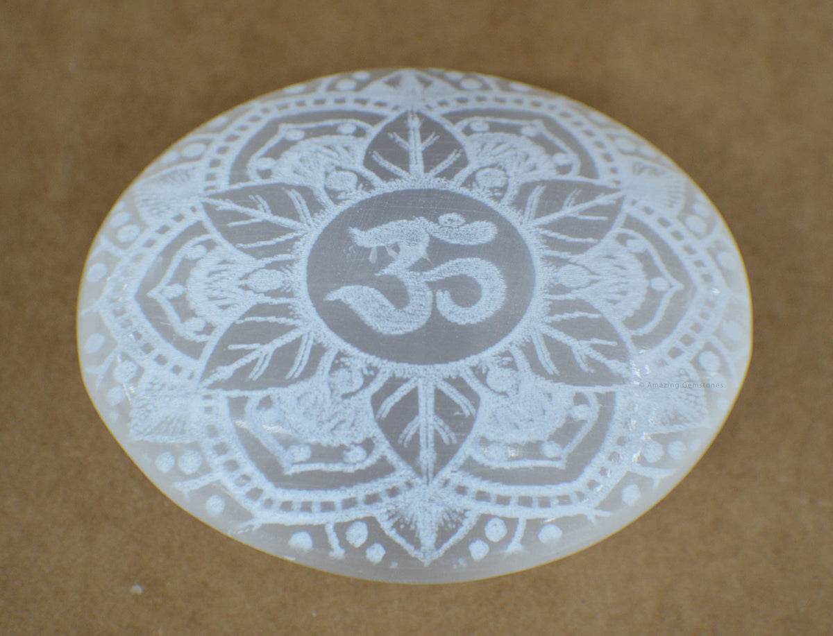 Amazing Gemstone Selenite Palm Stone - OM Engraved Hot Massage Worry Stone for Natural Body Chakra Balancing, Reiki Healing and Crystal Grid