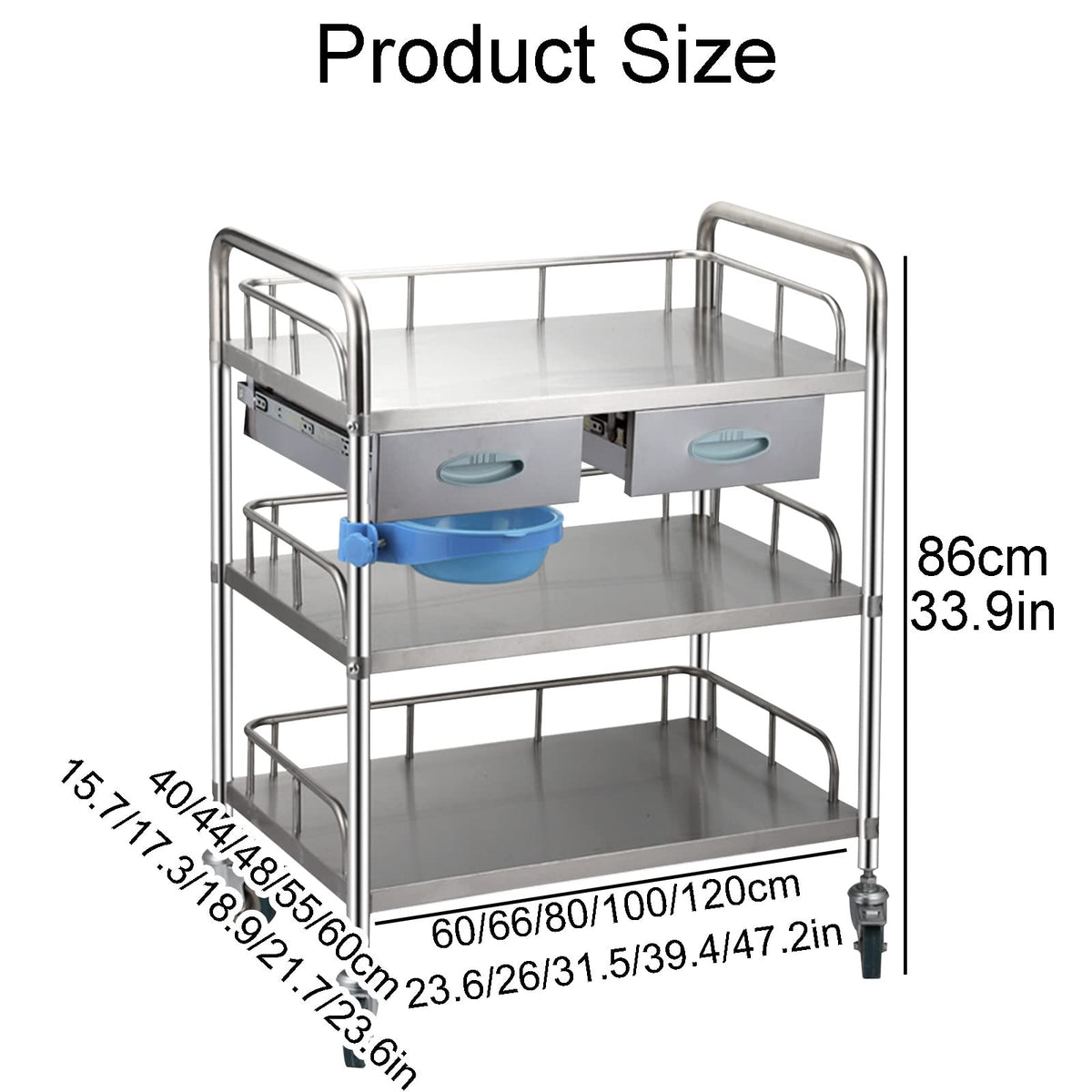 Medical Cart, Stainless Steel Utility Cart Catering Cart, Larger 3 Shelf Heavy Duty Lockable Hospital Cart Medical Cart, With 360°Rotate Wheels Mobile Care Car Clinic Carts ( 120x60cm(47.2x23.6in))