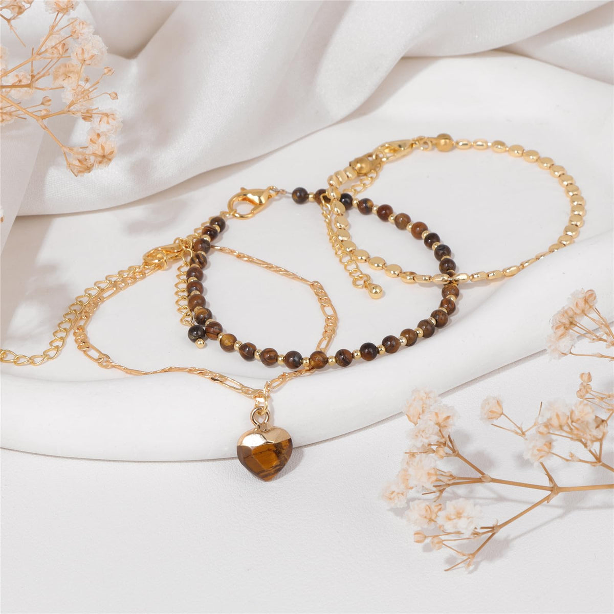 Raicegs Tigers Eye Bracelets Set Stone Bracelet for Women Layered Crystal 3mm Beads Bracelet Adjustable Bracelet for Women Dainty Bracelet