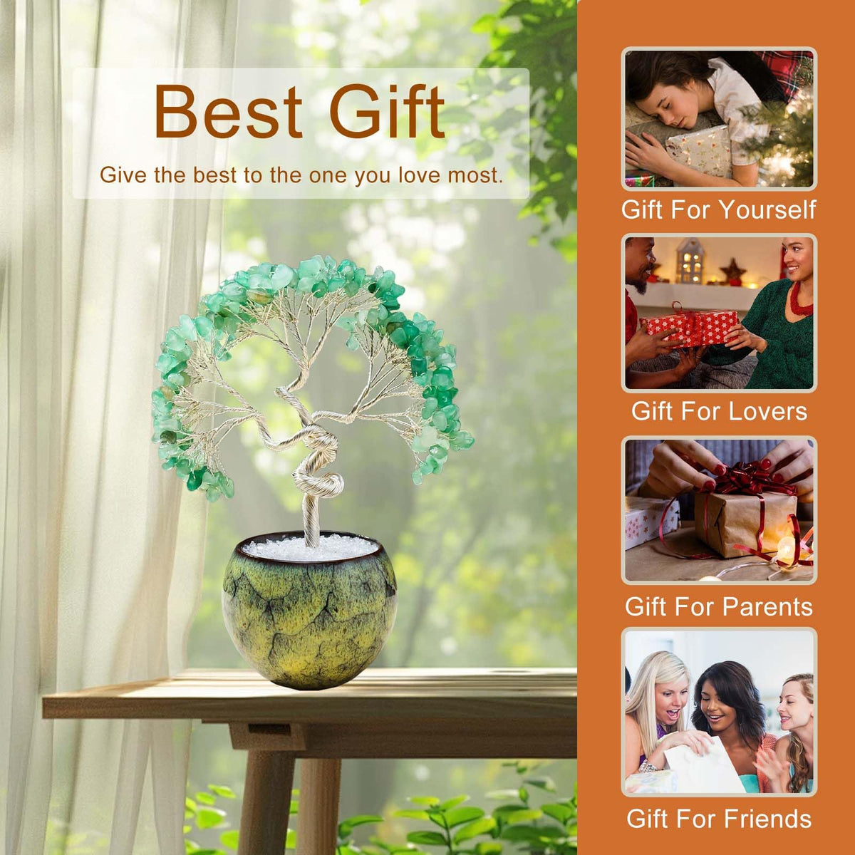 Runyangshi Green Aventurine Crystal Tree of Life - 7in Chakra Crystal Money Tree with 297 Natural Healing Crystal Gemstone for Feng Shui, Luck, Balancing Energy Home Decor & Spiritual Gift
