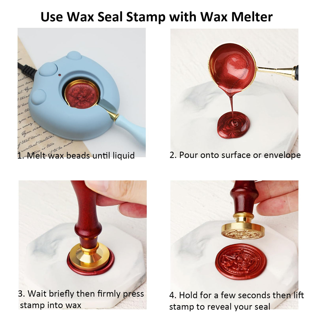 Andotopee 6-in-1 Vintage Embossed Frame Wax Seal Stamp Kit- Rectangle & Oval & Heart 3D Relief Photo Frame Seal Stamps with Wood Handle, Retro Sealing Wax Stamp for Wedding Invitations, Letters