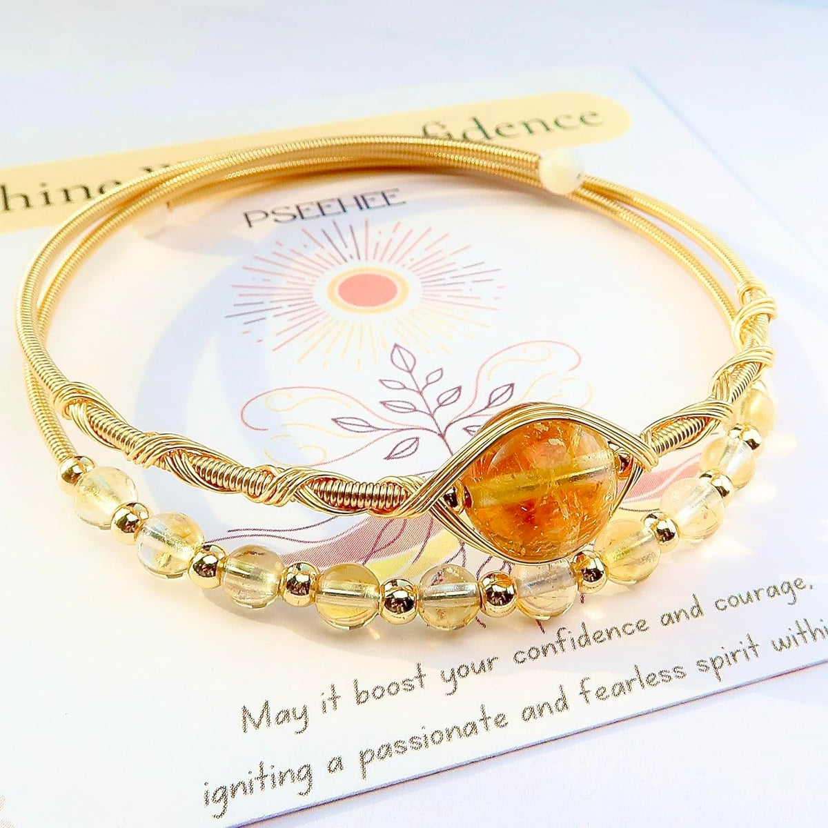 PSEEHEE Handmade Genuine Citrine Crystal Double Layered 14k Gold Filled Wire Wrapped Bracelet, Birthstone Chakra Healing Gemstone Crystal Beads Adjustable Bangle Cuff Jewelry Gift for Women