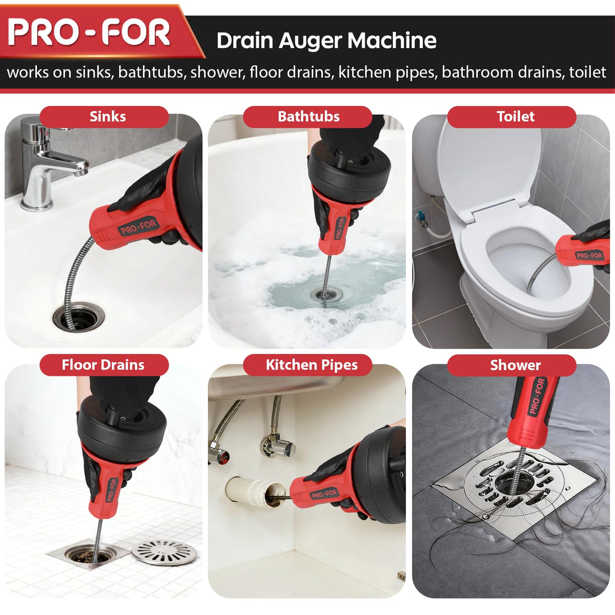 PRO-FOR Drain Auger, 16.4FT Plumbing Snake Drain Clog Remover, Manual & Drill Powered Drain Snake for 0.75–2 Inch Pipes, Sink, Shower, Bathtub, Toilet, Kitchen Drain Cleaner Tool with Steel Cable