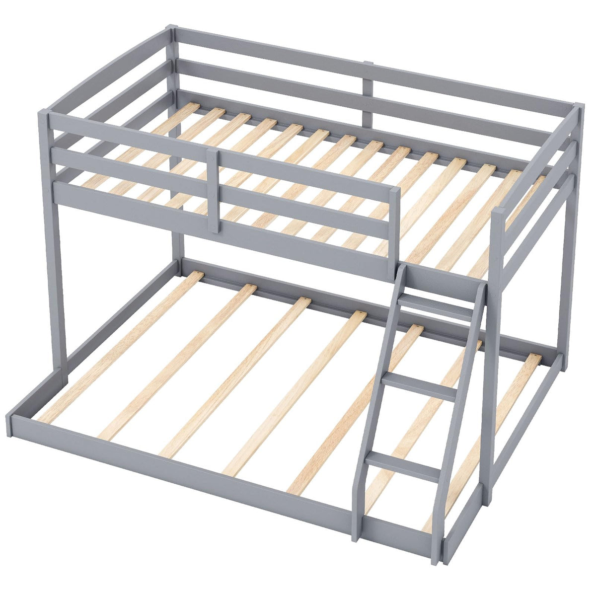 Giantex Twin Over Full Bunk Bed, Solid Wood Kids Bunk Bed with Full-Length Guardrails & Ladder, Low Bunk Beds with Slats Support for Kids, Teens, No Box Spring Needed, Grey