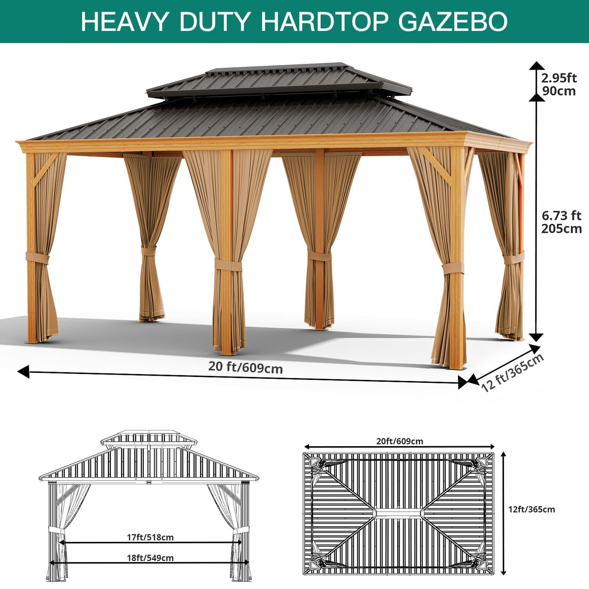 GAOMON Heavy Duty Aluminum Hardtop Gazebo with Double Metal Roof – Mosquito Netting & Privacy Curtains – Durable Outdoor Pavilion for Patio, Garden, Deck, Backyard, Lawn – Black Spray, Gray Cloth,