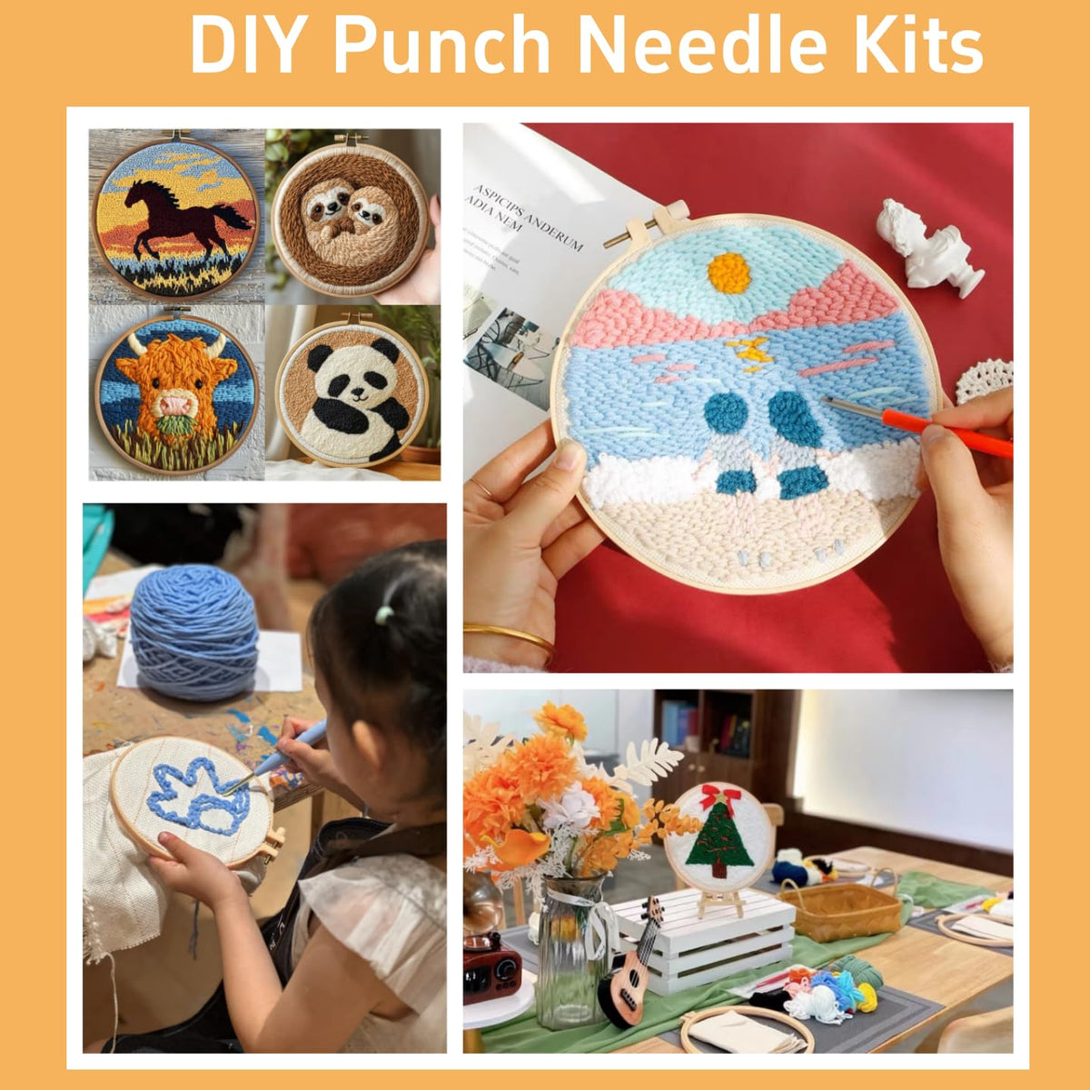 Punch Needle Kits Cute Baby Orange Highland Cow in Daisy Flowers Easy for Beginners DIY Punch Needle Yarn Starter Embroidery Set for Craft Lovers with Printed Pattern and Hoop for Home Decor 20x20cm