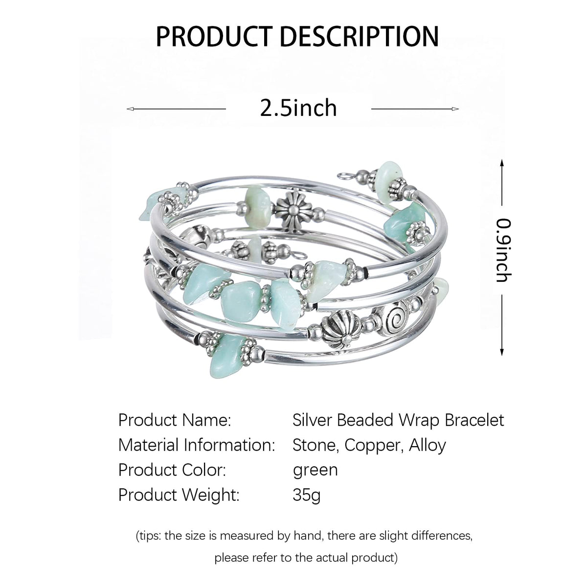 FULU AUTUMN Stone Silver Bangle Wrap Bracelet Boho Turquoise Crystal Chips Bead Bracelets Fashion Jewelry Birthday Gifts for Women(19-Green)