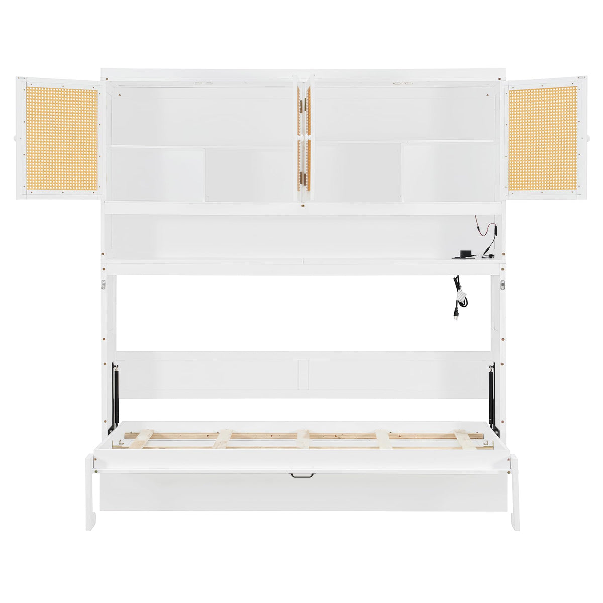 DNYN Murphy Bed Frame with Top Cabinet and LED for Bedroom/Guest/Study Room, Twin Size Wooden Foldable Wall Bed with USB Ports, Space-Saving Design & No Box Spring Needed