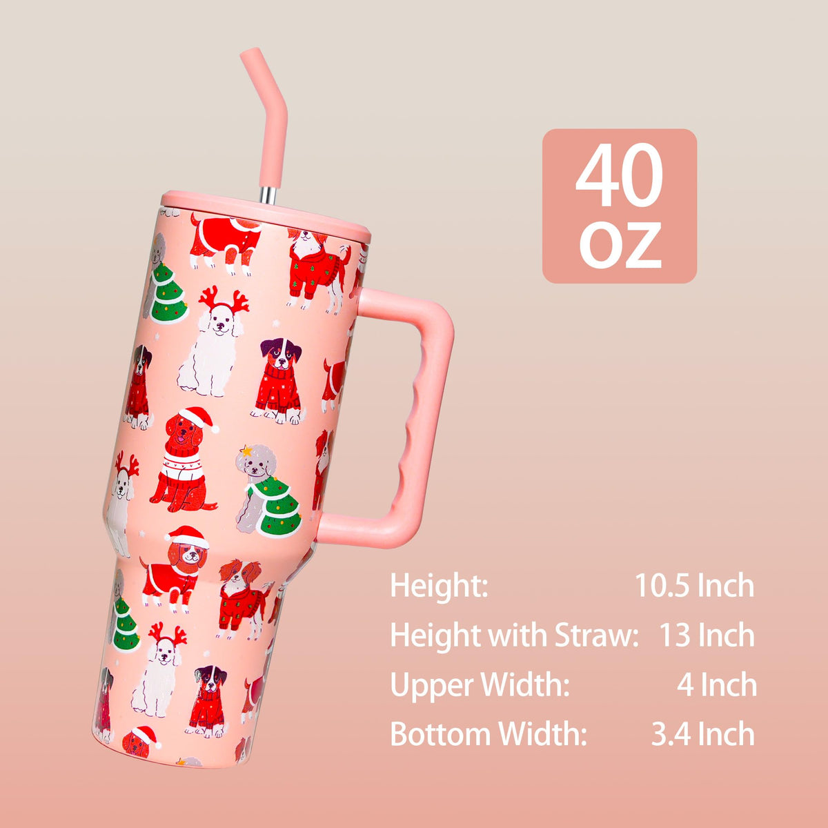 OEUFSEEE Christmas Dog Tumbler with Straw and Lid Vacuum Insulated 40oz Stainless Steel Puppy Cup Gifts for Women Xmas Present Skinny Water Bottle Coffee Cup for Home or Travel