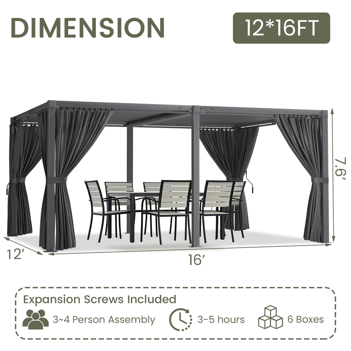 SAILARY Louvered Pergola 12' x 16' with Waterproof Curtains, Outdoor Aluminum Pergola with Reinforced Steel Roof, Heavy-Duty Hardtop Gazebo, Privacy Shaded Shelter, Grey