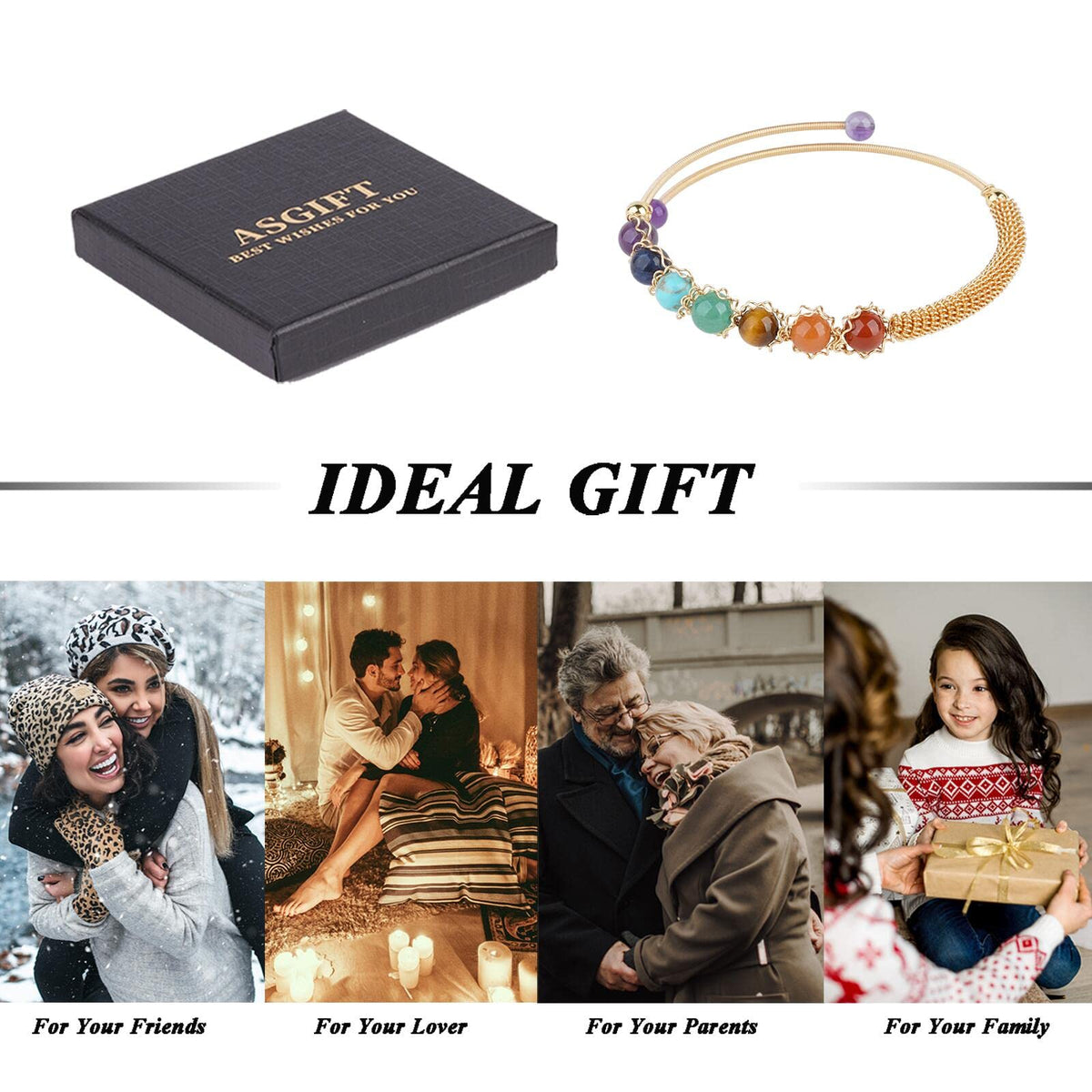 ASGIFT 7 Chakra Bracelet Adjustable 14K Gold Wire Wrapped 6.5mm Beads Bracelet Natural Crystal Yoga Meditation Bracelet Jewelrys for Women