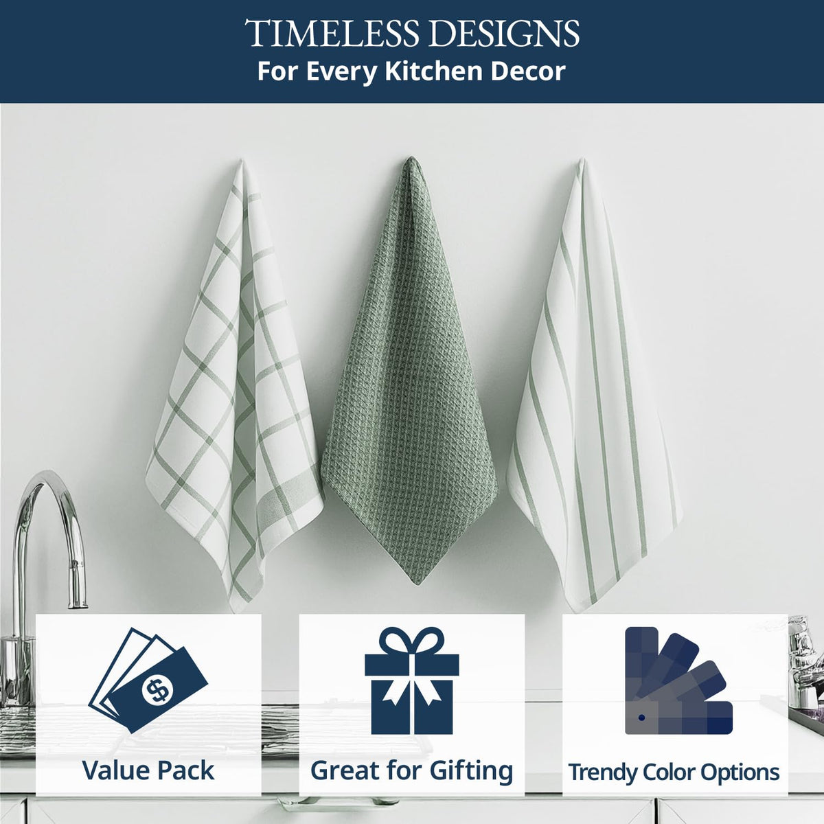 LANE LINEN Cotton Kitchen Towels Set, 6-Pack – Absorbent, Quick-Drying Dish Towels, 18" x 28", Premium Hand and Tea Towels - Olive