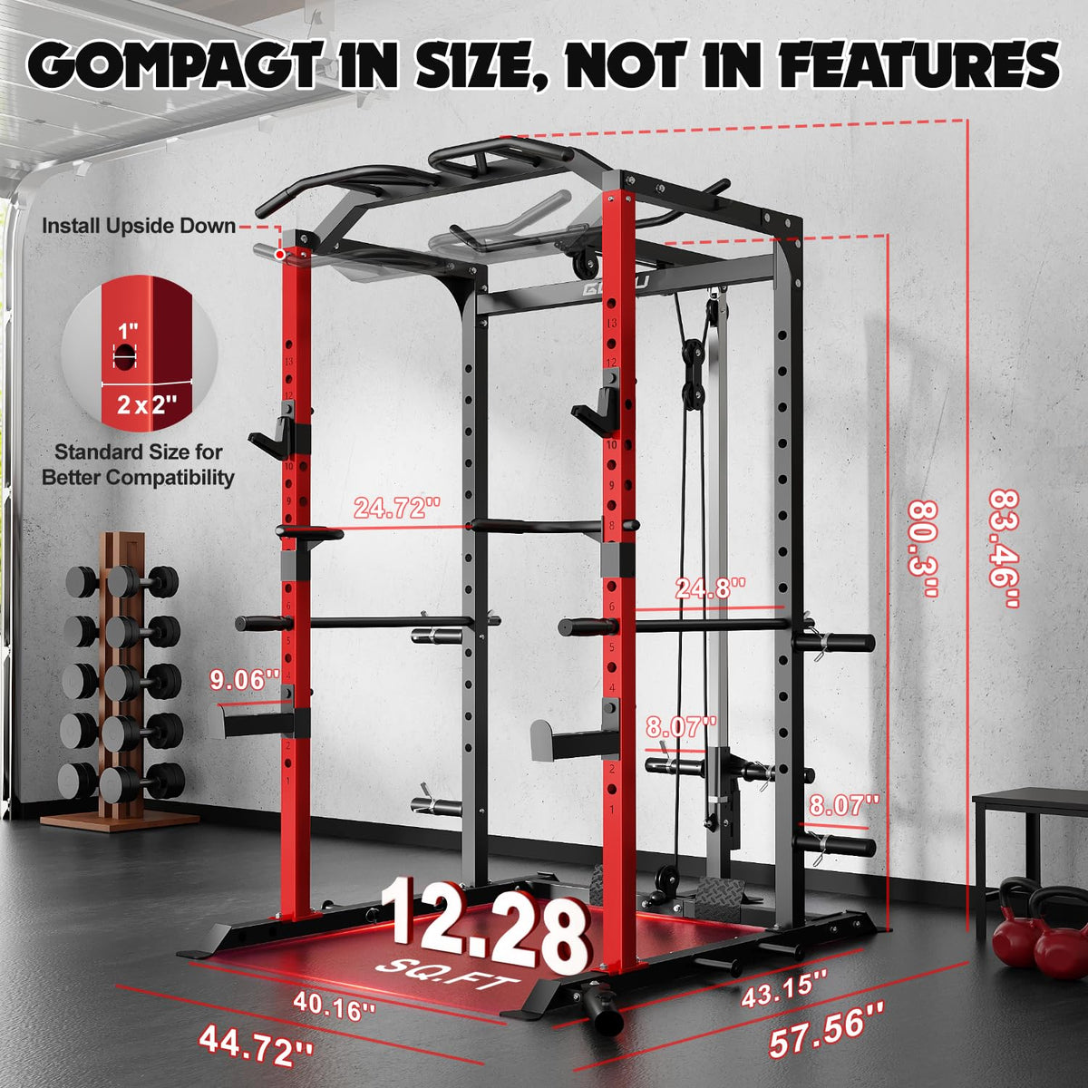 Goimu C1-V4 Power Cage, 2000LBS Squat Rack with LAT Pulldown, Multi-Function Weight Cage Strength Training Machine, Workout Cage with More Attachments for Home Gym Garage (220LBS BK Home Gym Package)