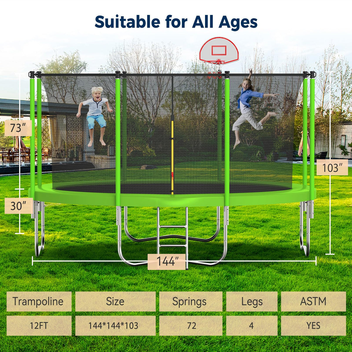 Tatub 12FT Trampoline for Kids and Adults, Outdoor Recreational Trampolines with Basketball Hoop & Enclosure Net, Green