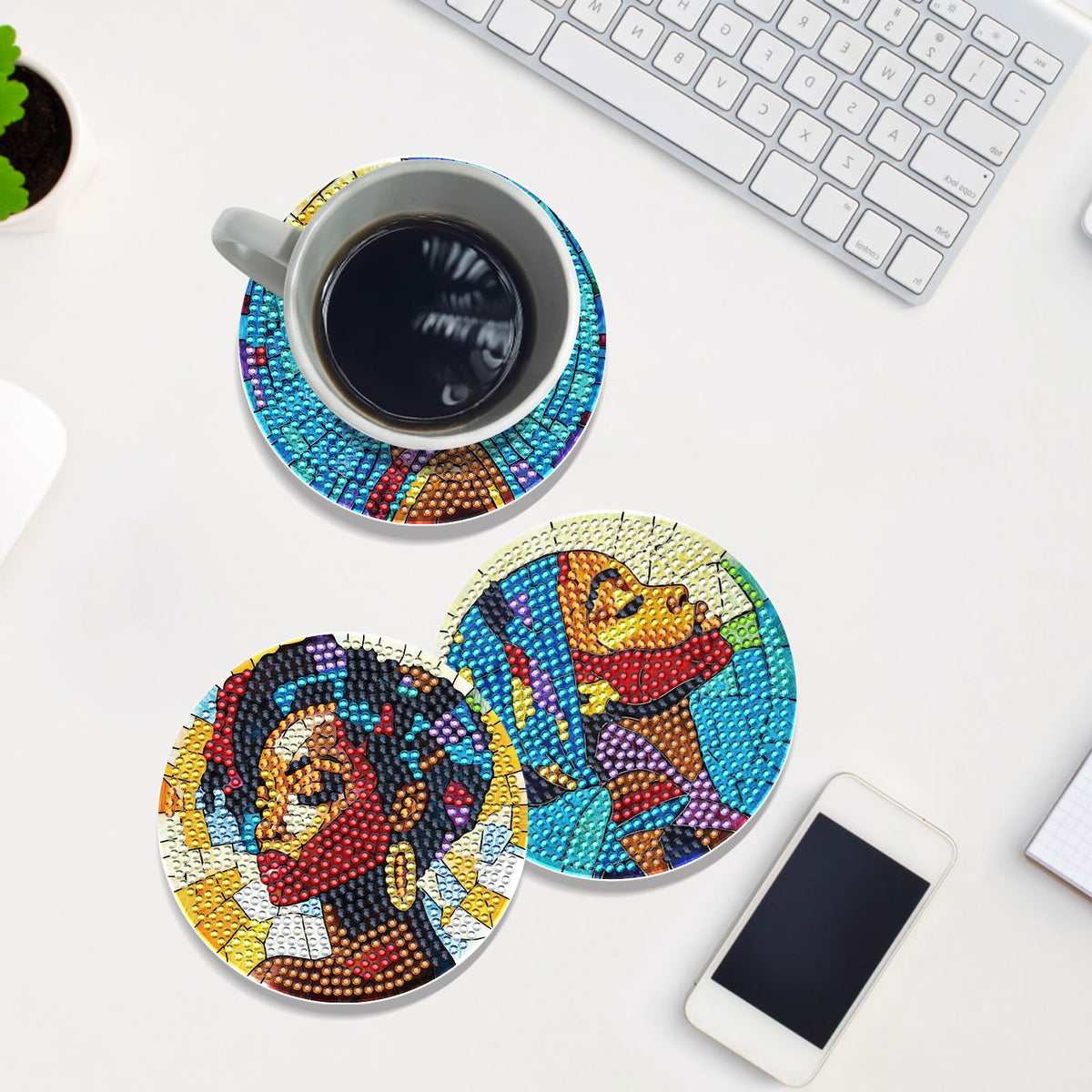 INCOK Black Woman Diamond Painting Coasters - 8 PCS DIY Colorful Glass Diamond Art Coasters Kits for Drinks Coffee Art Craft Supplies Birthday Holiday for African American Adult Beginners