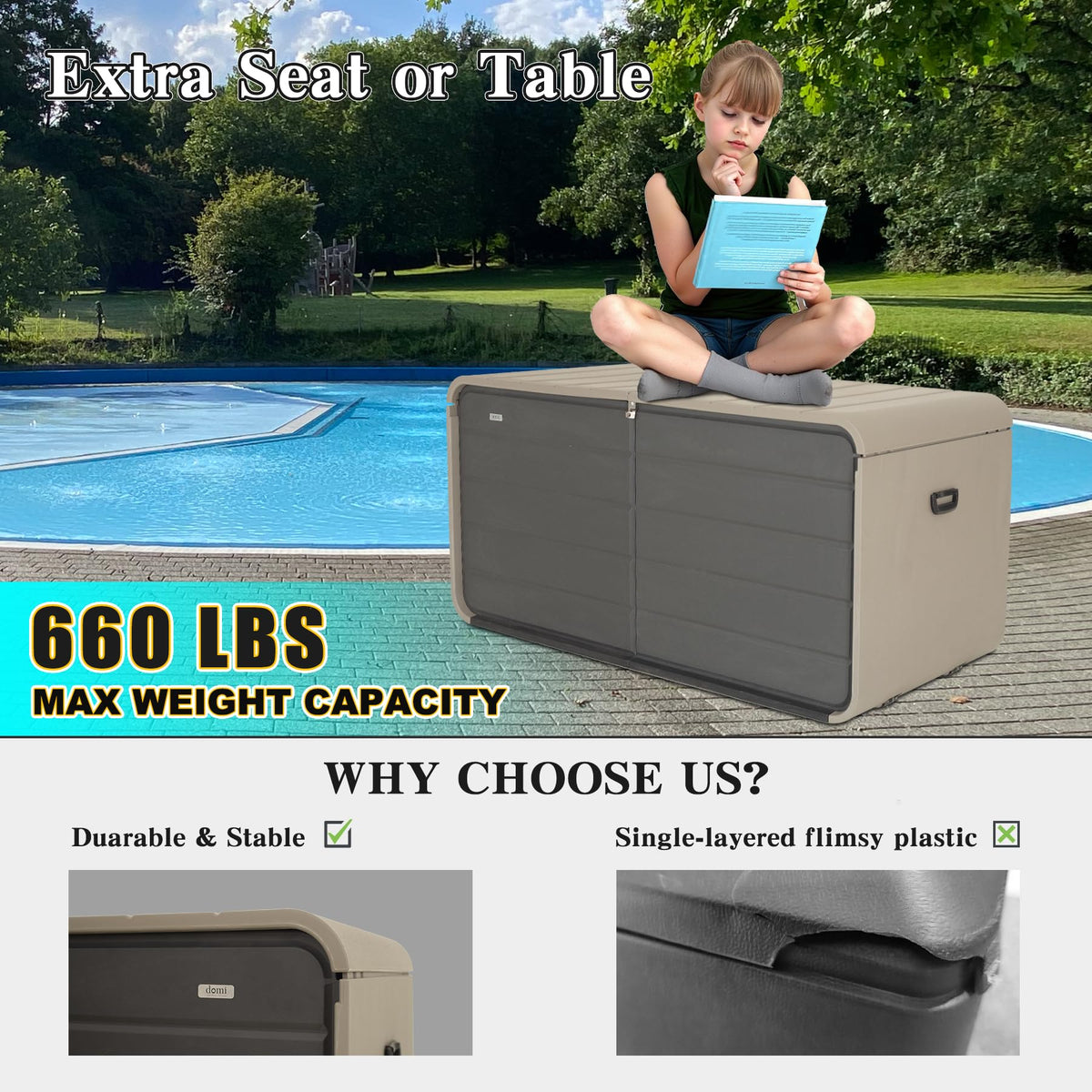 Domi 260 Gallon Resin Deck Box, Waterproof & UV-Resistant Outdoor Large Storage Box Lockable Storage Bin for Patio Cushions Pool Supplies Garden Tools and Delivery Storage