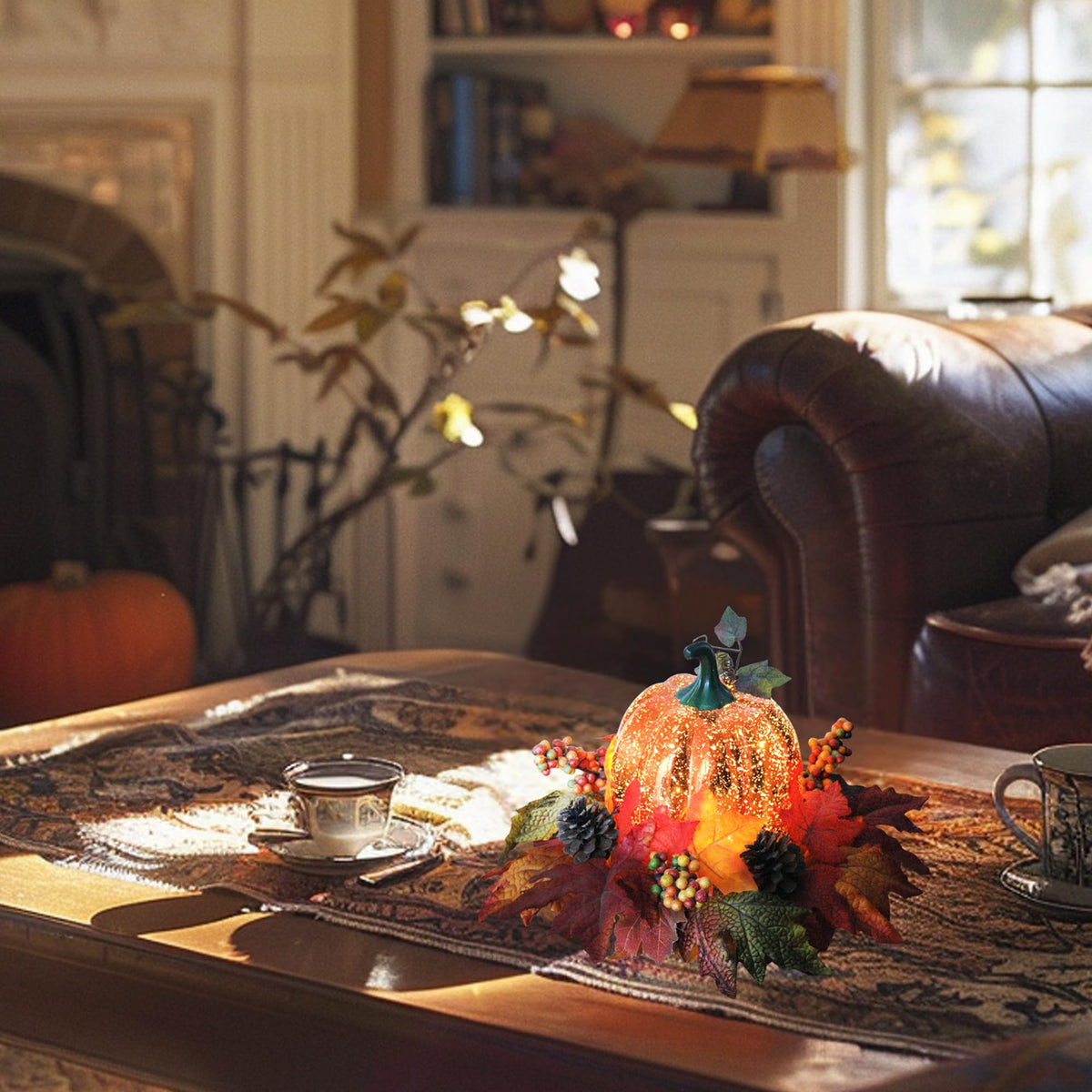 Lighted Pumpkin Fall Decor β LED Thanksgiving Decoration with Faux Maple Leaves, Berries, and Pinecones, Autumn Harvest Centerpiece for Table, Indoor and Outdoor Home Display
