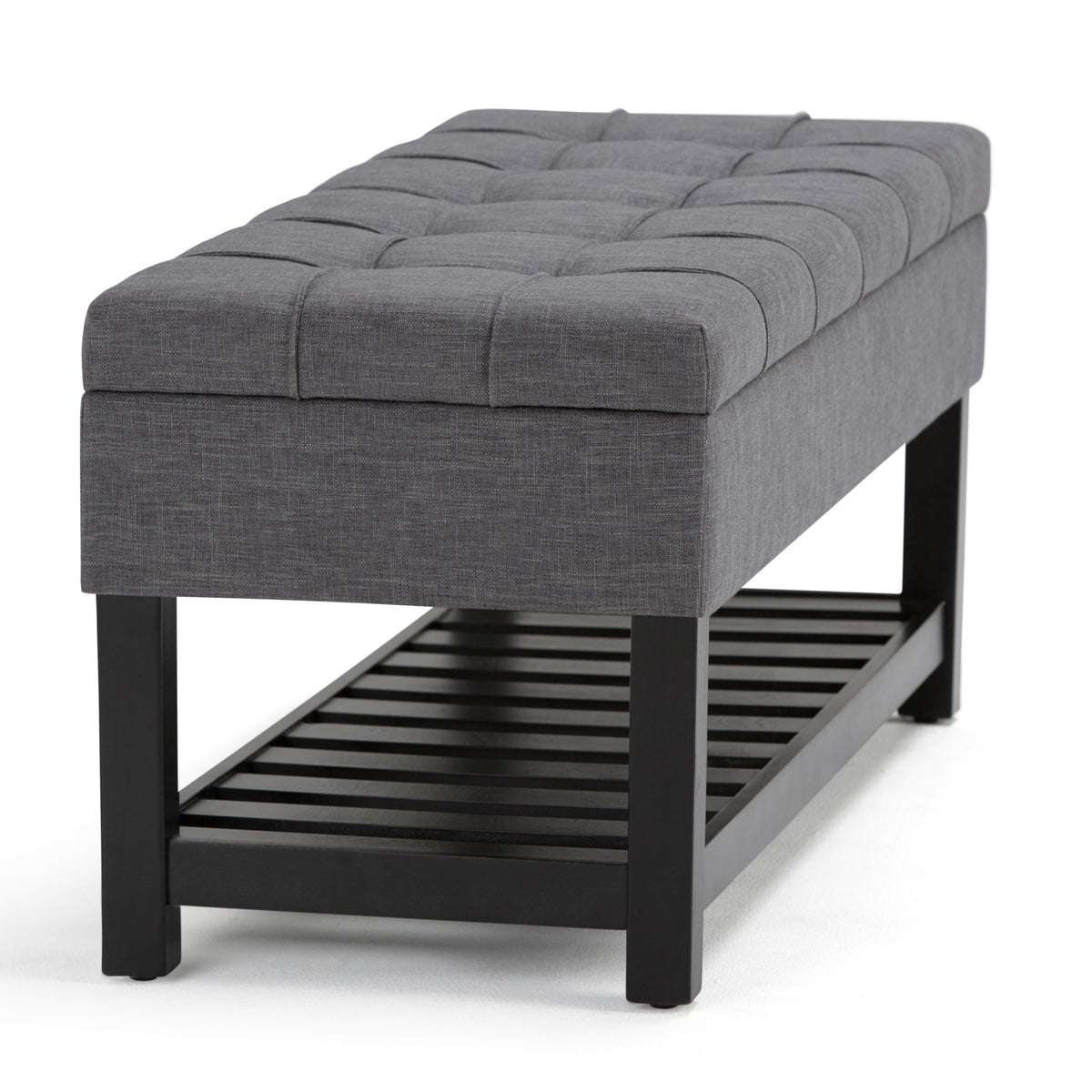 SIMPLIHOME Saxon Storage Ottoman Bench - 43 inch Wide Upholstered Linen Look Fabric Rectangle Storage Ottoman in Slate Grey, Transitional Bench for Bedroom with Tufted Lift-Top and Open Bottom Shelf
