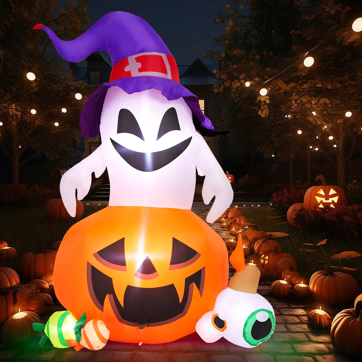 5FT Halloween Inflatable Outdoor Decoration Pumpkin Ghost with Built-in LEDs Blow Up for Halloween Party Holiday Indoor Outdoor Garden Lawn Yard Decorations