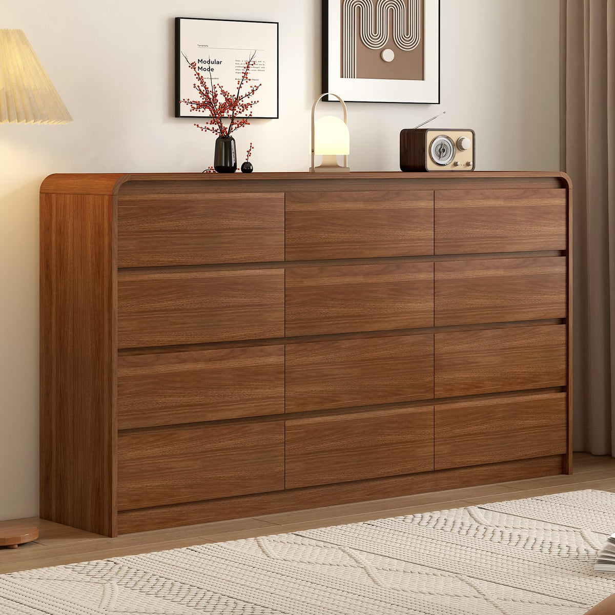 Messenya Modern 12-Drawer Dresser 63-Inch Wide, Curved Anti-Collision Design, Mid-Century Storage Cabinet with Pre-Embedded Slots, Sturdy Reusable, Ideal for Bedroom/Living Room/TV (Brown, 12-63)