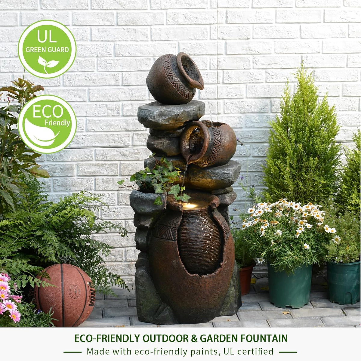 Bumilgar 38.4" H Garden Water Fountain, 3-Tier Cascading Water Features with LED Light, Faux Terracotta Jar Design for Patio, Backyard, Deck, Porch, and Home Art Décor, Brown