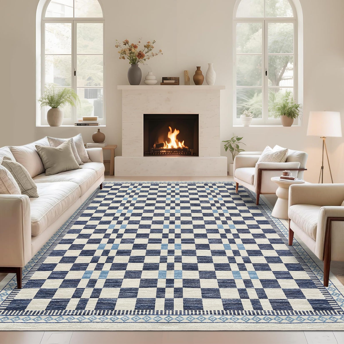 GarveeHome 5x7 Area Rug for Baby Room Non-Slip Low Pile Stain-Resistant Living Room Carpet Modern Abstract Checkered Dining Rugs No-Shedding Machine Washable Area Rug for Dorm Home Office Bedroom Blue