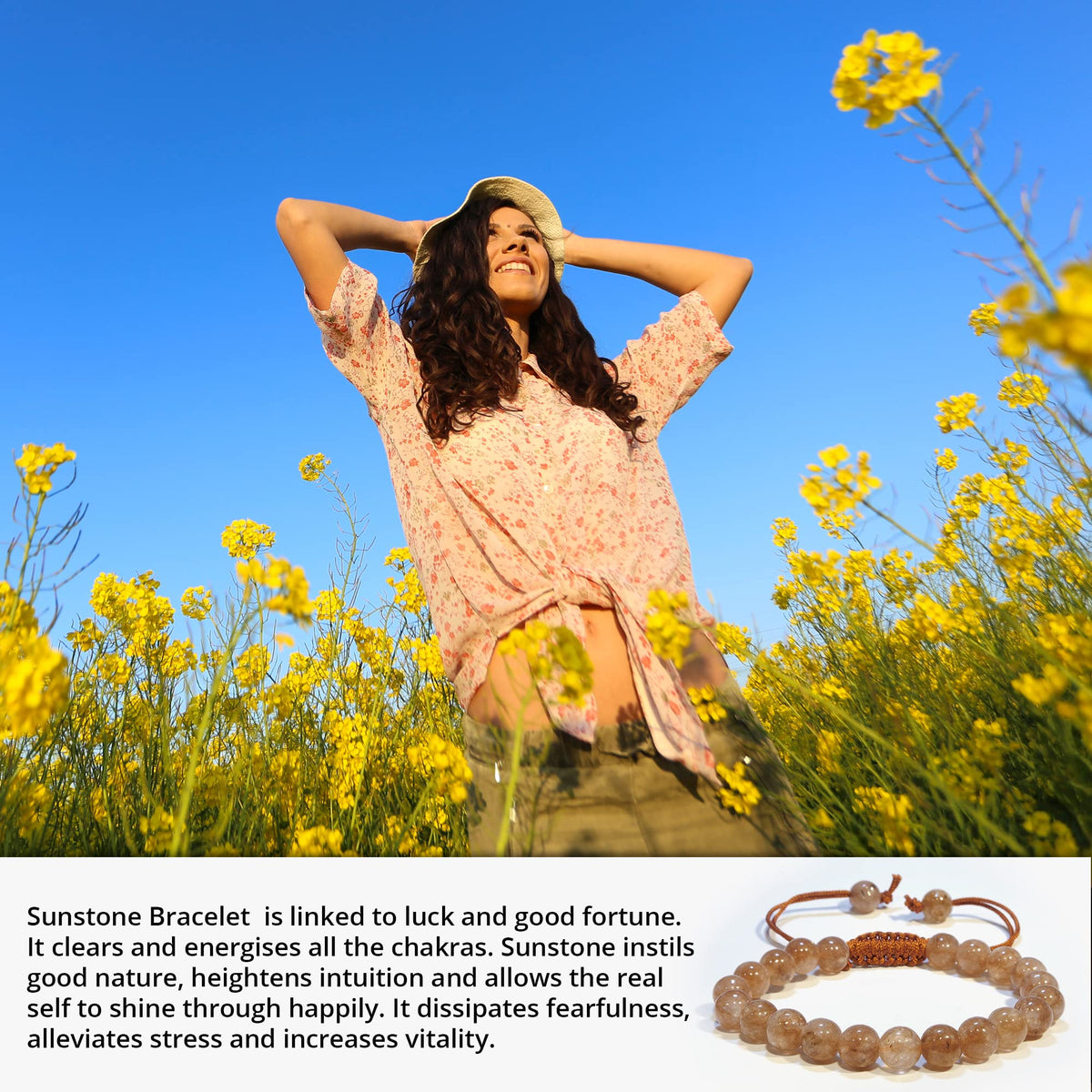 ANAYA AGATE Healing Crystal Bracelet – Chic Gemstone Bracelet for Men and Women – 8mm Round Bead Bracelets for Spiritual Healing, Protection, Positive Energy - Sunstone