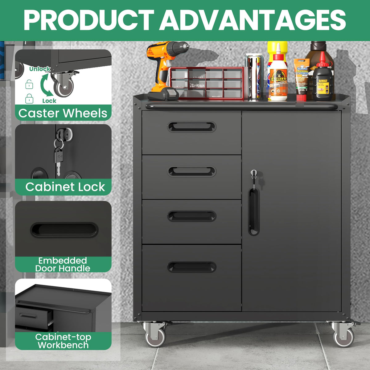 VIYET Metal Tool Cabinet,Garage Storage Cabinet System,Wall Cabinet & Locking Rolling Tool Cabinet with Doors and Adjustable Shelves,Steel Tool Cabinets for Home