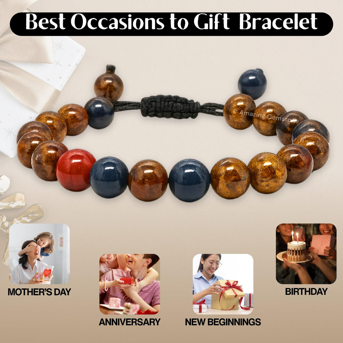 Amazing Gemstone Pietersite Bracelet, Gifts For Men & Women - Protection Healing Crystal Bracelet - 8mm Gemstone Beaded Adjustable Bracelet, Pulseras Para Hombres Mujer Stocking Stuffers