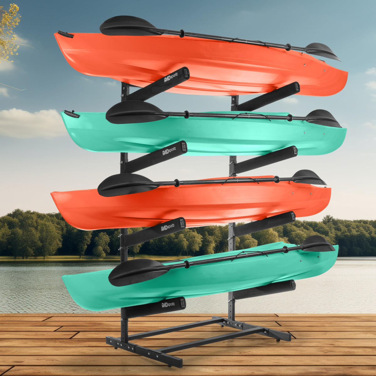RAD Sportz Kayak Storage Rack - 4-Level Freestanding Adjustable Stand with Padded Arms and 400lb Capacity for Canoes, SUP, or Paddleboards (Black)