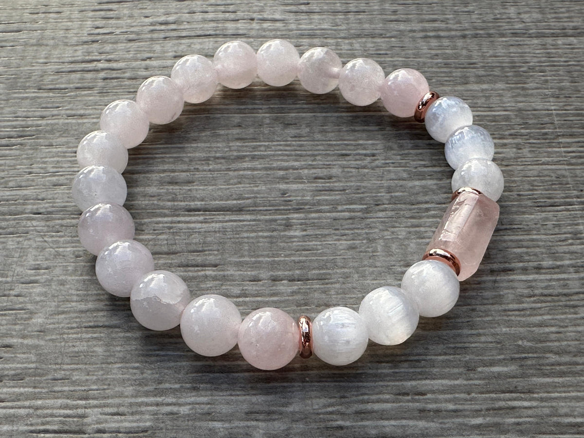 GAF TREASURES Rose Quartz and Selenite Crystal Bead Bracelet 8mm, Genuine Rose Quartz Cylinder with Copper Discs Stretch Gemstone Bracelet, Healing Crystal Bracelet, Gift for Men & Women (1)
