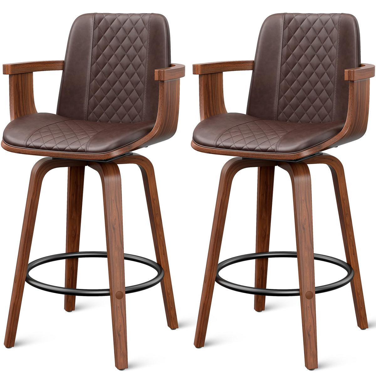 YaFiti Swivel Bar Stools Set of 2, 26" Counter Height Barstools with Wood Legs and Backs, Upholstered PU Leather Bentwood Frame Bar Chairs with Armrest for Kitchen Island, Dining Room, Brown