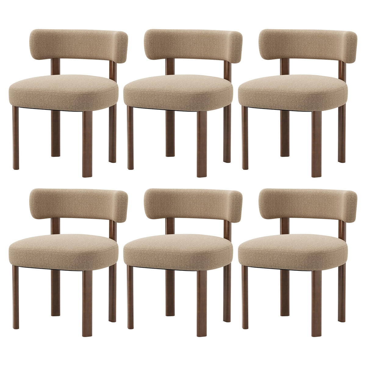 smartue Wooden Dining Chairs Set of 6, Upholstered Kitchen Chairs with Solid Wood Legs, Mid Century Dining Room Chair with Ergonomic Curved Backrest for Kitchen Dining Vanity, Camel